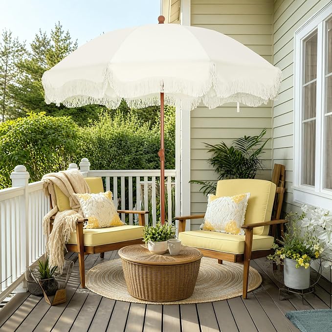 PHI VILLA 7ft Fringe Beach Umbrella White with Sand Anchor, Outdoor Patio White Portable Beach Umbrella for Sand with Tassels, Push Button Tilt & Carrying Bag, UPF 50+