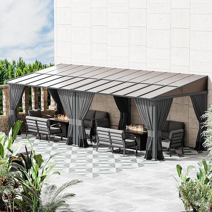 10' x 24' Lean to Gazebo,Large Wall Mount Heavy Duty Gazebos Pavilion,Outdoor Hardtop Pergola Shelter with Curtains and Netting,Sunshade for Patio Garden Lawn Backyard Deck,Grey