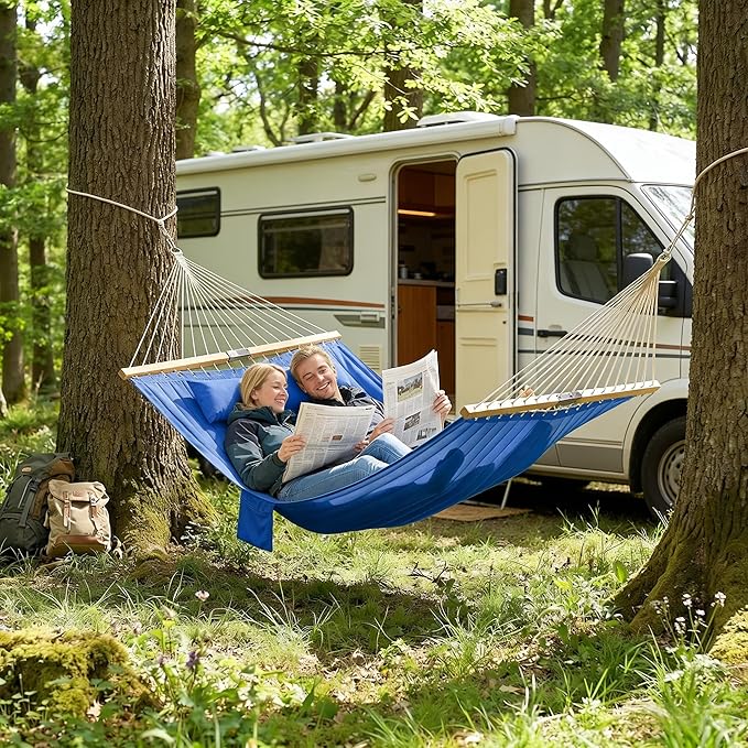 2-Person Tree Hammock Outdoor, Portable Double Hammock Without Stand, Detachable Headrest Magazine Pocket, 450 lbs Capacity, Camping Patio Backyard Indoor Outdoor Hammock Bed (Navy Blue)