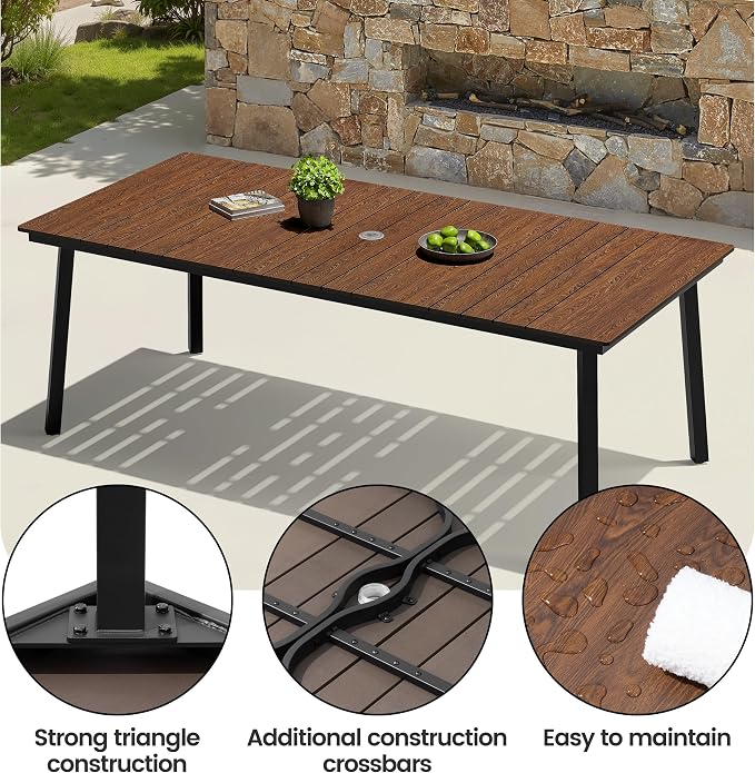 Crestlive Products 9 Piece Patio Dining Set, 70" Walnut Metal Outdoor Table and 8 Folding Chairs, with Umbrella Hole for Porch Poolside Yard Garden, Beige