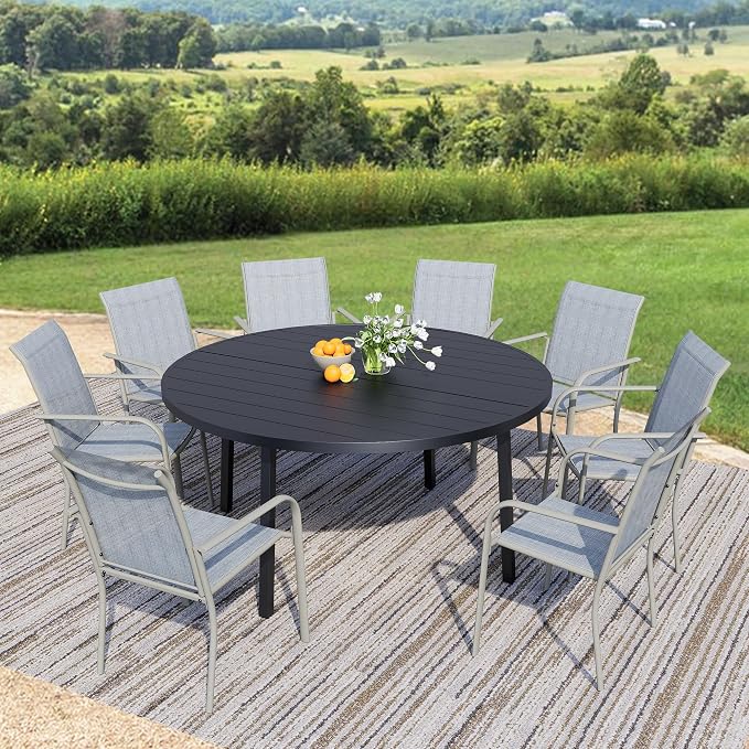 9-Piece Patio Furniture Set, Black Round Patio Table and Beige Chairs Set of 8, Outdoor Dining Set with Umbrella Hole for Garden, Yard, Patio