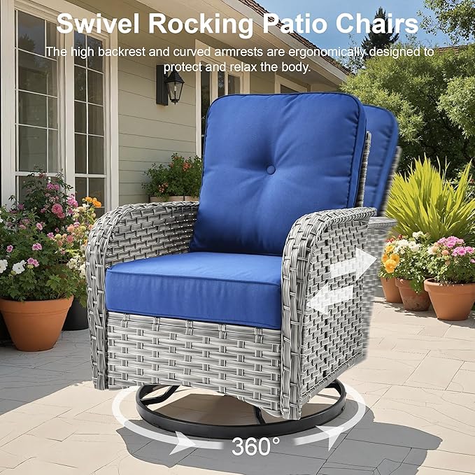 Outdoor Patio Furniture Sets,9 PCS Patio Conversation Set Outside Rattan Sectional Sofa with 42 in Square Fire Pit Table Wicker Rocking Chair Coffee Table Fit Backyard Garden Poolside Balcony
