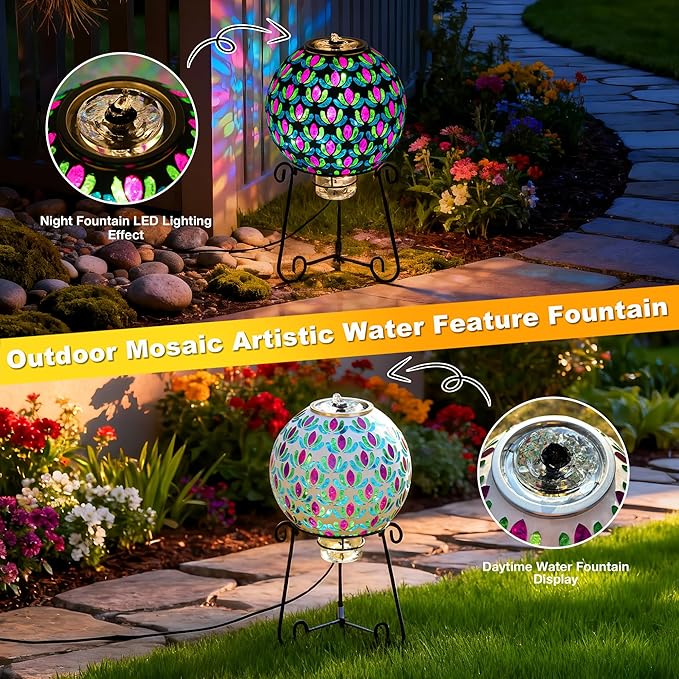 SAVENNA Mosaic Glass Fountain, Floor-Standing Lighted Water Feature with Quiet Pump, Indoor/Outdoor Decorative Accent Lighting for Garden & Patio, Warm-Tone Mosaic Sphere