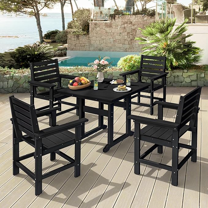 5 Piece Patio Dining Set, 35" Square HDPE Weather Resistant Outdoor Table & 4 Patio Chairs Set with 1.96" Umbrella Hole, Heavy Duty for Small Space Backyard Balcony, Black