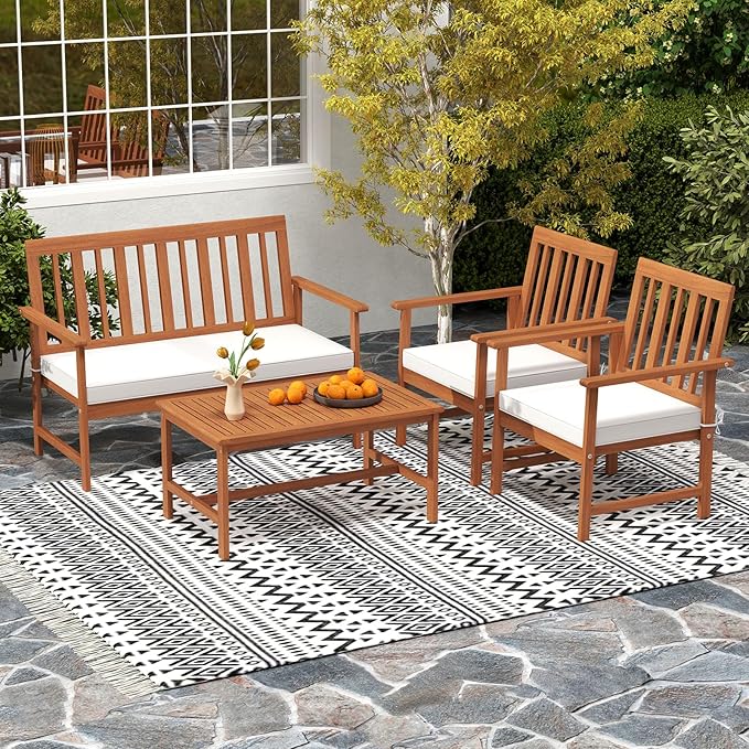 HAPPYGRILL 4 Pieces Acacia Wood Furniture Set, Patio Conversation Set w/Seat Cushions & Robust Wood Frame, Outdoor Loveseat Sofa, 2 Armchairs & Coffee Table Set for Backyard, Porch, Poolside (1)