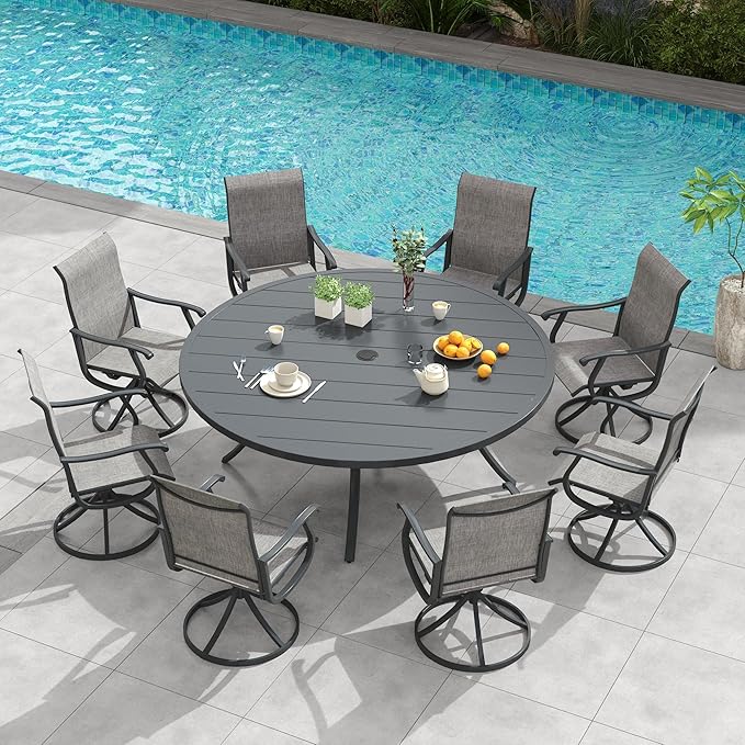 VICLLAX 9 Pieces Outdoor Patio Dining Set, 60" Round Wrought Iron Metal Outdoor Table with Umbrella Hole and 8 Swivel Textilene Chairs for Lawn,Garden,Porch,Dark Grey/Grey