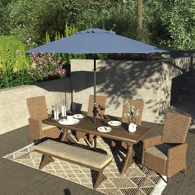 California Umbrella 9' Rd. Crank Lift, Collar Tilt, Aluminum Pole, Fiberglass Rib Patio Umbrella, Hammertone Grey Finish, Sunbrella Air Blue