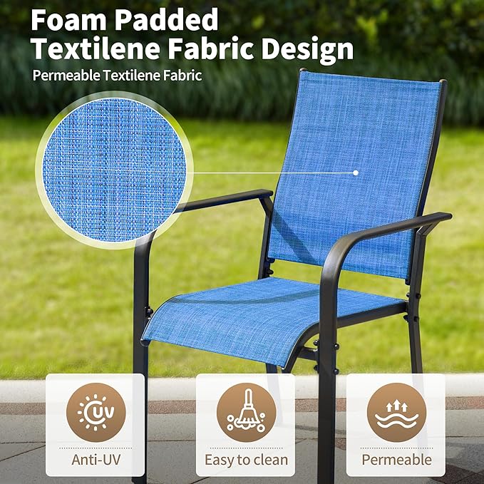 BUPPLEE 9-Piece Outdoor Patio Dining Set with 8 Stackable Dining Chairs, Metal Table with Umbrella Hole, 8-Person Patio Table and Chairs for Backyard, Poolside, Balcony and Garden Blue