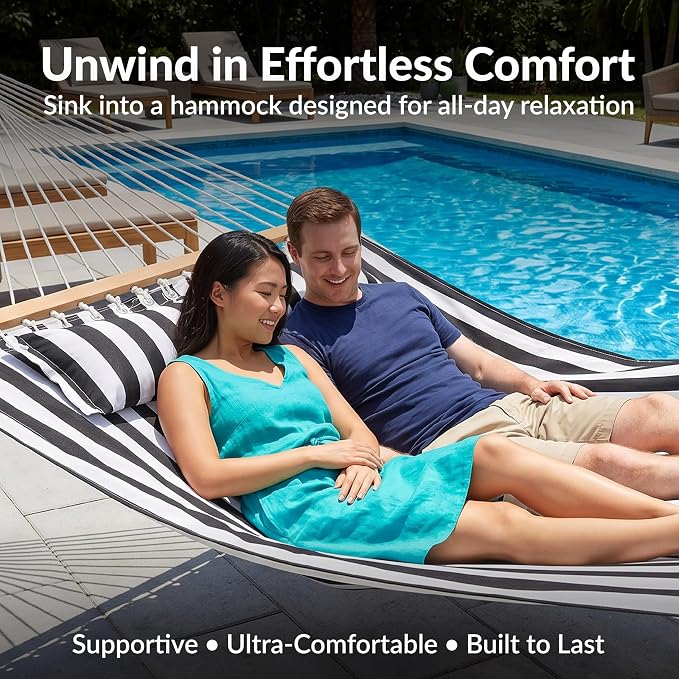 Sunnydaze Quilted Double Hammock for Outside with Spreader Bars and Pillow - 450 lb Capacity, 74x55 Inch Bed, UV Resistant, Quick Dry - Chains Included, Stand Sold Separately - Black & White
