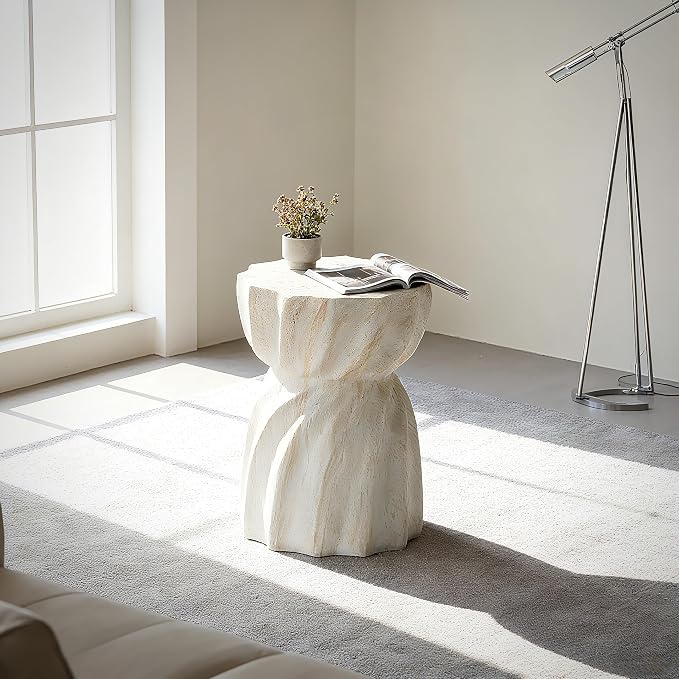 Outdoor Side Table, 18.9 Inch Faux Cement End Table, Magensium Oxide Accent Table for Balcony & Living Room - Beige