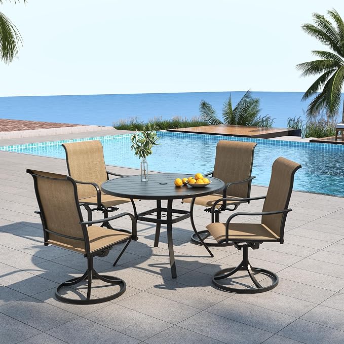 5 Piece Patio Brown Yellow Swivel Chairs & 41" Round Table Dining Set Sty2 | 41 inch Metal Round Table; 4 Piece Swivel Chairs: High Back, Curved Armrest, Textilene Fabric, Rocking; All Weather