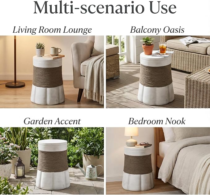 Outdoor Side Table, Woven Rope & MGO, Brown,Gray