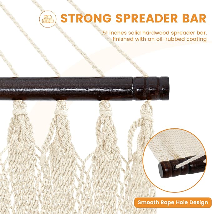 Lazy Daze Hammocks 2 Person Caribbean Rope Hammock with Wood Stand, 10.5FT Polyester Hammock with Spreader Bars, 13FT Heavy Duty Stand Combo, 450 LBS Capacity for Outdoor Backyard Poolside, Cream