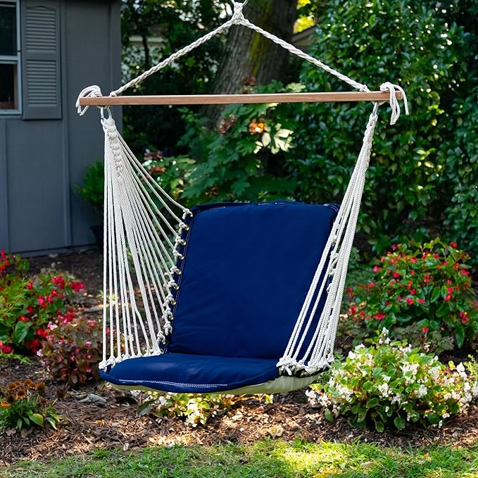 Nags Head Hammocks Navy Sunbrella Cushioned Single Swing – 24 in. x 24 in., 350 lb Capacity, Cumaru Spreader Bar, Handcrafted in The USA