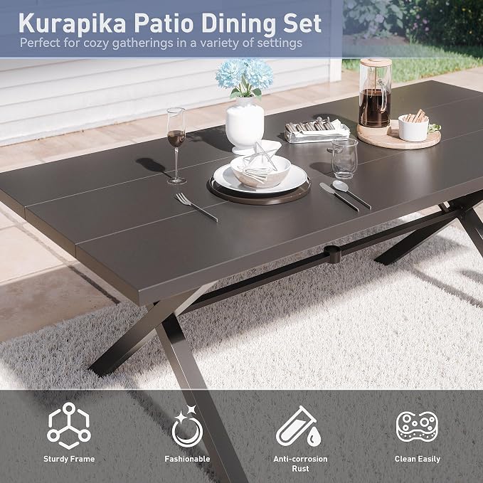 Kurapika 9-Piece Patio Dining Set, Patio Furniture Set for 8, Outdoor Large Metal Table with Umbrella Hole and Textilene Swivel/Rocking Chairs, for Garden, Deck, Porch, Pool All Weather, Brown