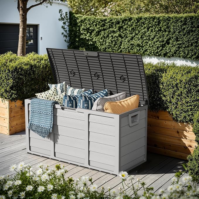 Crownland Outdoor Storage Deck Box - Upgraded 75 Gallon Sun-proof Woodgrain Patio Storage Box for Balcony, Garden, Grey