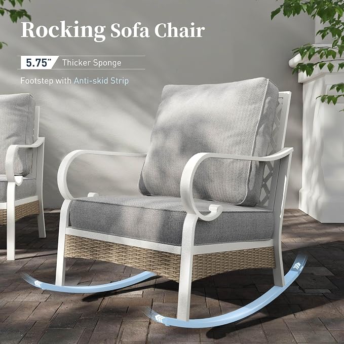 SUNSHINE VALLEY 6 PCS Metal Outdoor Patio Furniture Set, Patio Conversation Set 1 3-Seater Couch, 2 Fixed Sofa, 2 Rocking Sofa with 5.75" Thick Cushion and Coffee Table White Backyard Furniture, Gray