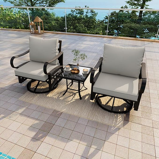 3 Pieces Outdoor Furniture Set, Metal 360° Swivel Rocking Chairs Bistro Sets, Patio Conversation Set with Side Table for Deck, Porch, Garden, Backyard, Poolside (Beige Cushions)