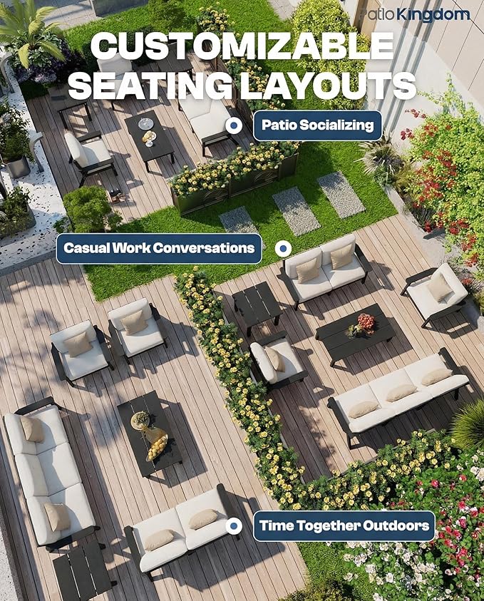 7 Piece Patio Conversation Sets, Outdoor Couch with Washable Thick Beige Cushions, HDPE Patio Furniture Set, Outdoor Sectional Furniture for Backyard, Deck, Lawn, Porch (Black Frame)