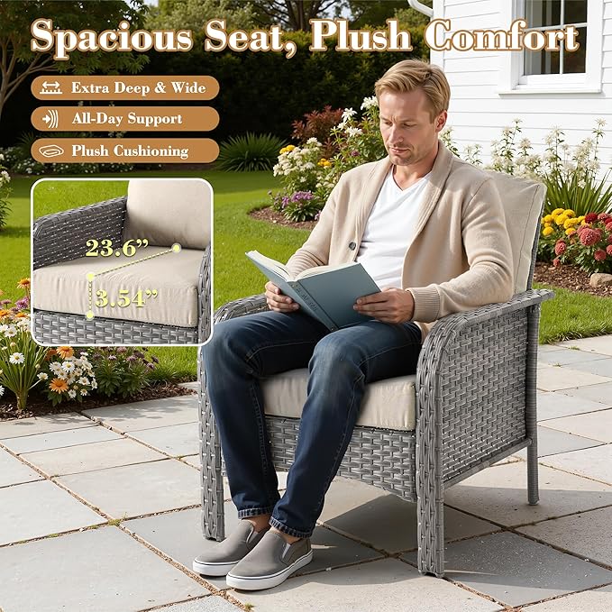 2 Pieces Patio Furniture Set, Two Single Chair Outdoor Furniture, All-Weather Rattan Wicker High Back Conversation Set of 2 for Small Space Porch, Backyard, Balcony,Beige
