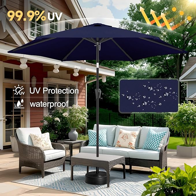 FLAME&SHADE 10ft Patio Umbrella - Outdoor Umbrella with 6 Sturdy Ribs, Push Button Tilt and Crank, UV Protection Table Market Umbrella for Pool, Porch, Garden, Deck, Backyard (Navy Blue)