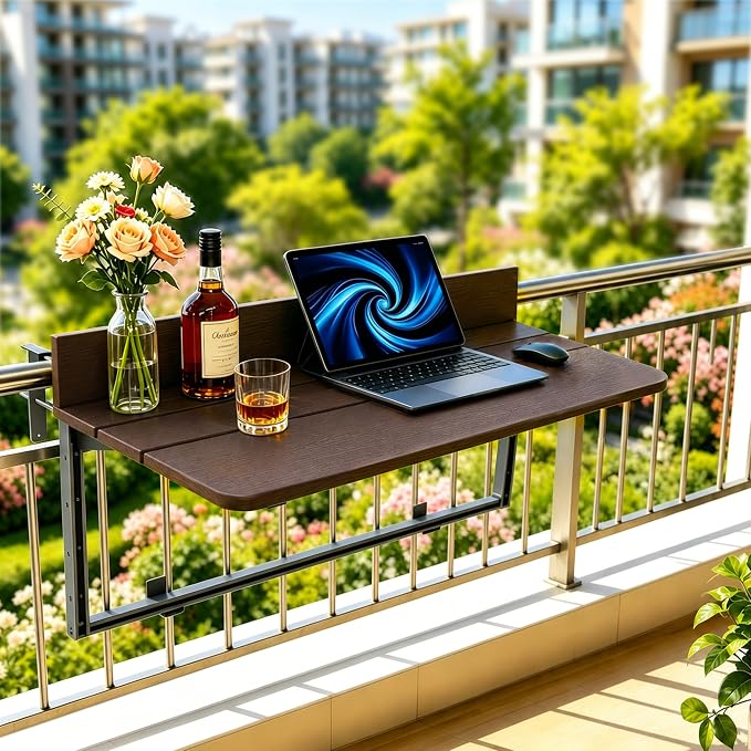 Foldable Balcony Bar Table for Railings, Folding Hanging Deck Rail Table for Small Apartment Patio,Outdoor Garden, 5-Level Adjustable Height, Rustproof,Weather Resistant, Easy Assembly
