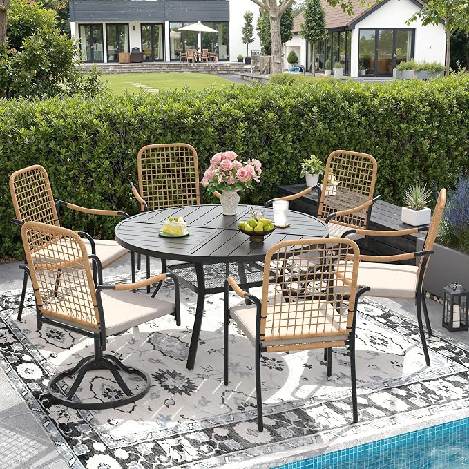 DIFY 7 Pieces Outdoor Dining Set for 6, 47.2" Black Round Metal Table with 4 Stackable Wicker Patio Chairs & 2 Swivel Chairs, Patio Furniture Set with Cushions and Umbrella Hole, Wheat Rattan