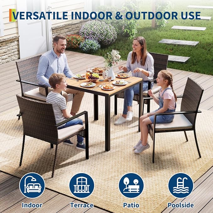 5 Piece Patio Dining Set, Wicker Outdoor Table and Chairs with Umbrella Hole ＆ Soft Cushion, Patio Furniture Set for Backyard, Garden, Poolside, Deck - Balck＆White