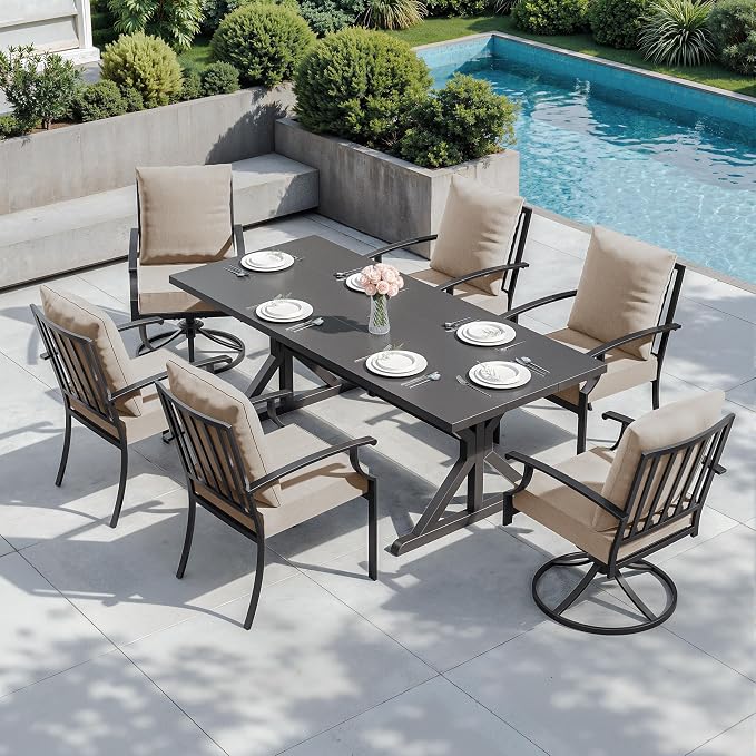ALAULM 7-Piece Patio Dining Set,Outdoor Metal Dining Set with 2 Swivel Chairs & Rectangle Table with 1.5 Umbrella Hole, Patio Dining Table and Chairs for Backyard,Sand