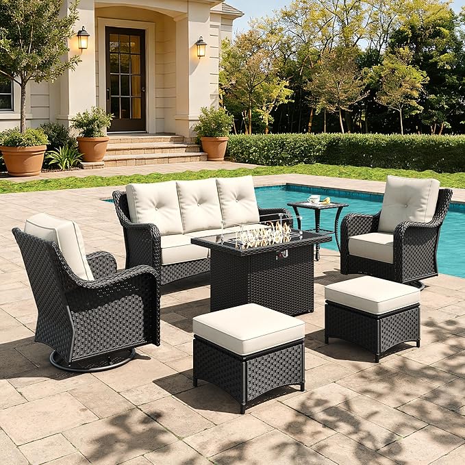 7 Pieces Outdoor Furniture Set with 6-inch Cushions, High Back Wicker Swivel Rocker Chairs with Fire Pit Table, Luxury Conversation Set for Deck Patio and Poolside