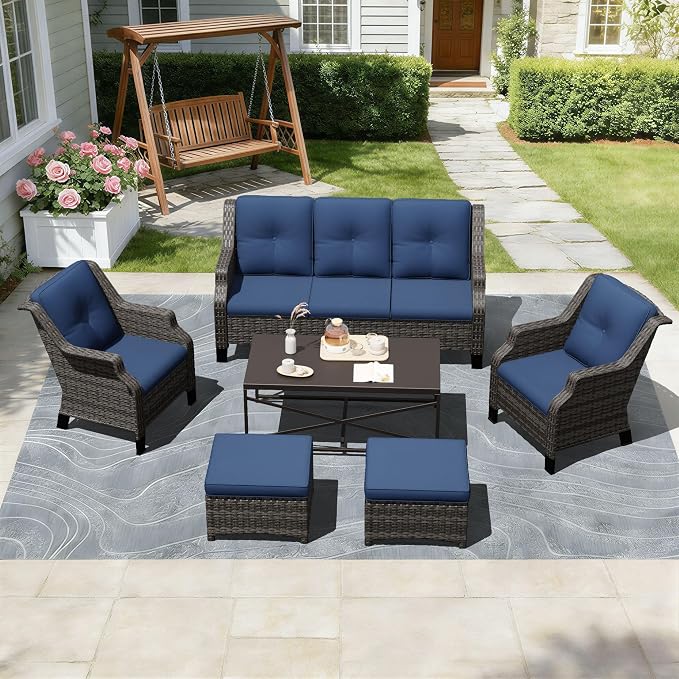 Outdoor Patio Furniture Set, 6 Piece Wicker Patio Furniture with Thick Cushions, Curved Armrest, Deep Seating, Rattan Outdoor Chairs for Porch, Deck, Balcony
