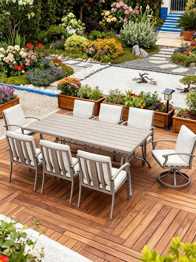 Patio Dining Table for 8, Never Rusts Aluminum Outdoor Dining Table, 84" x 38.6" Rectangular Patio Table for Outside, Outdoor Patio Table for Deck, Garden Poolside, Limed Oak