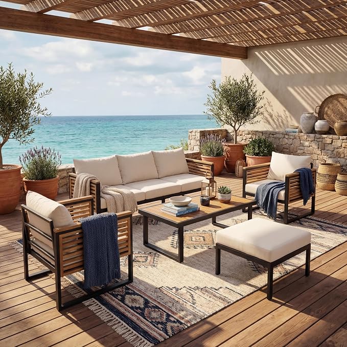 Virubi 5-Piece Acacia Wood and Metal Patio Sofa Set, Sturdy Iron & Acacia Frame, Water-Repellent Upholstery Cushions, Outdoor Conversation Sofa Set with 3-Seater, 2 Club Chairs, Ottoman & Table
