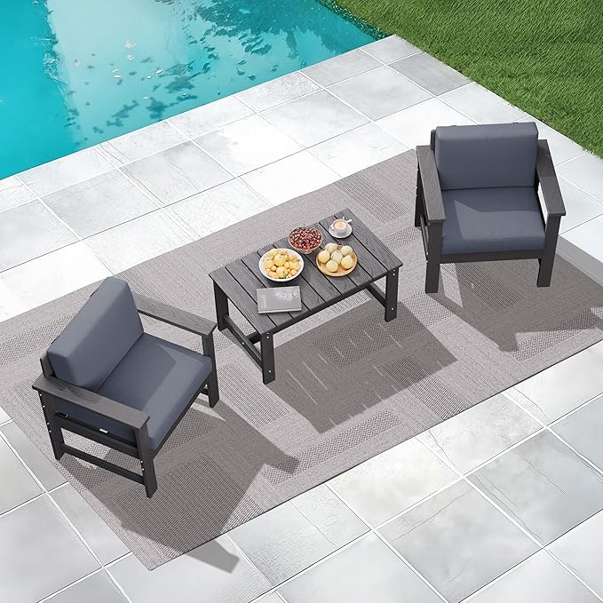 KINGYES 3 Pieces Outdoor Furniture Set, HDPE All Weather Use Conversation Couch, Grey Frame with Grey Cushions