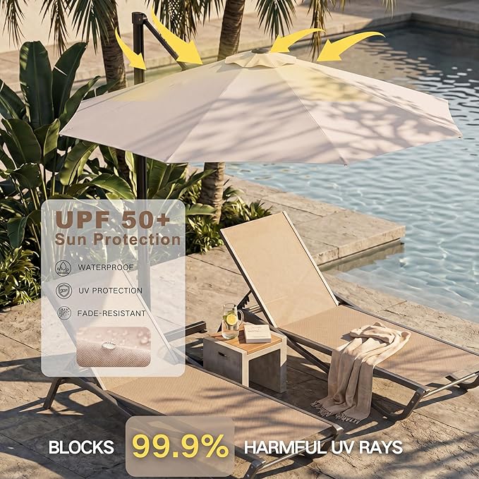 Kingdura 9ft Cantilever Patio Umbrella with Base Included & Solar Lights, Large Round Metal Outdoor Offset Umbrella with 360-degree Rotation, 4 Position Tilt, UV Protection for Pool Deck Patio (Beige)