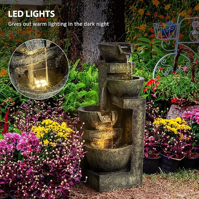 Outsunny Outdoor Fountain with 4-Tier Stacked Stone Look Bowls, Cascading Waterfall, Adjustable Flow & LED Lights, Rustic Décor for Patio, Zen Garden, Backyard, Porch, Gray