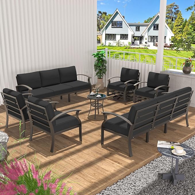 Aluminum Patio Furniture Set Patio Conversation Set,10 Seats Metal Modern Outdoor Furniture w/5.1" Cushions,Patio Sectional w/Swivel Chairs for Patio,Backyard,Dark Grey