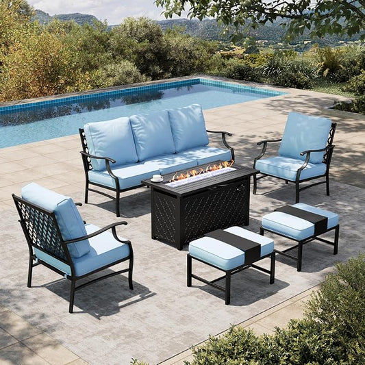 HERA'S HOUSE 6 Pieces Patio Furniture Set with Fire Pit Table, 2 x Single Chair, 2 x Ottoman, 3-Seat Sofa with 45" Fire Pit Table, Outdoor Conversation Set for Garden, Poolside, Backyard, Blue