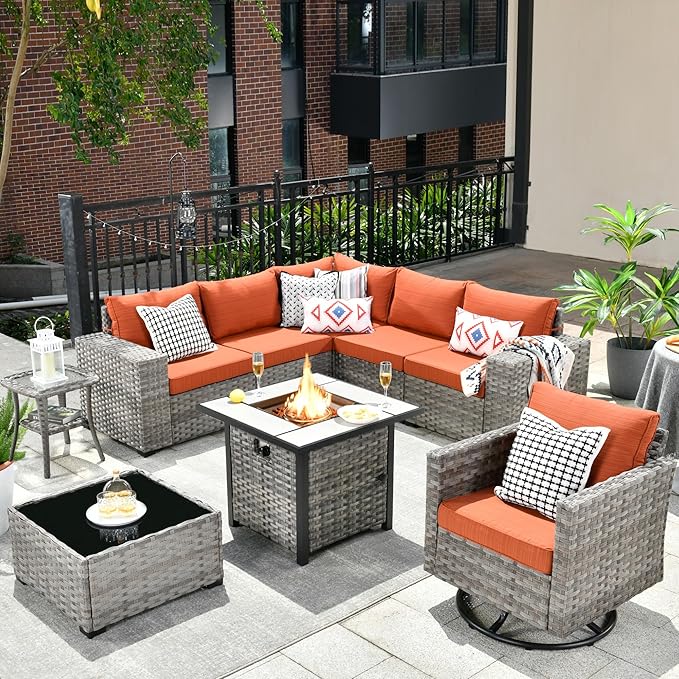 HOOOWOOO Outdoor Patio Sectional Furniture Sofa Set with Propane Gas Fire Pit Table,9 Piece Modern Wicker Couch with Swivel Chair,Modular L Shaped Conversation Seating Set with Wide Arm(Orange Red)