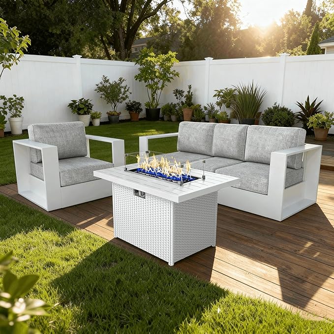 3 Pieces Patio Furniture Set with Fire Pit Table, Metal Modern Conversation Set with Deep Seating and Widened Aluminum Frame for Deck, Porch, Garden