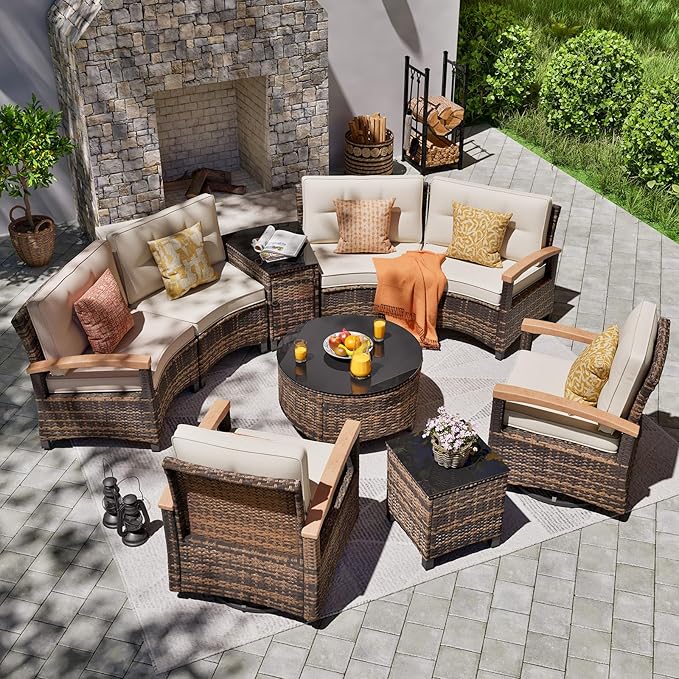 MEISSALIVVE 9 Piece Outdoor Patio Furniture Set, Half-Moon Curved Sectional Set with Wood Armrests, Patio Conversation Set for Porch,Deck,Balcony (Beige)