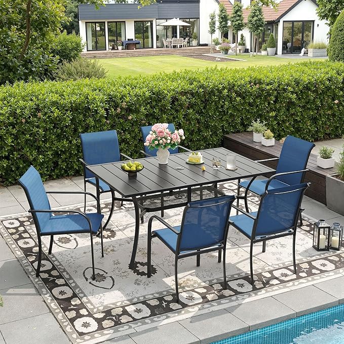 DIFY 7 Pieces Patio Dining Set for 6, Patio Furniture Includes Blue Stackable Sling Outdoor Chairs and 59.2" Rectangle Metal Black Table