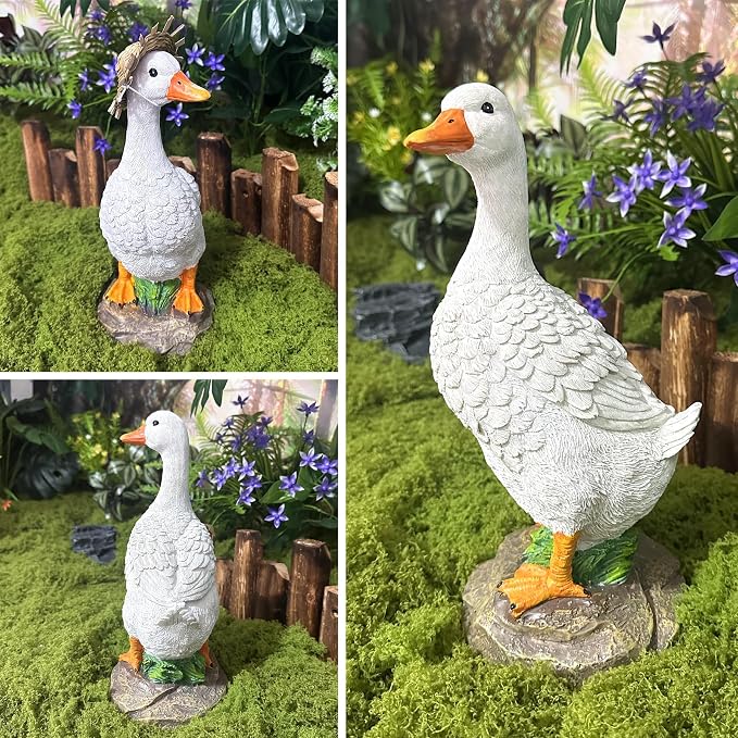 Euronet 12" Garden Porch Goose Statues, Funny Duck Farm Fence Decor, Resin Real Concrete Porch Goose Decor, Outdoor Animal Sculptures & Statues, Perfect for Home Garden Stairs, Farm, Patio, Backyard