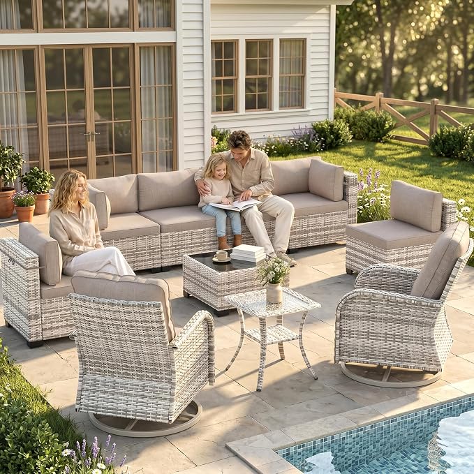 10-Piece Patio Furniture Set, Outdoor Patio Furniture with Swivel Chairs Set, Thick Cushions, Modular Patio Sofa, Dual-Strand Wicker Rattan, Rust-Resistant Frame, Sand