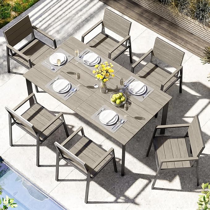 Outdoor Dining Set for 6, Aluminum Patio HDPS Outdooor Table and Chairs Set with Umbrella Hole, All Weather Patio Furniture Set, 7 Peice Patio Dining Table Set (Classic Gray)