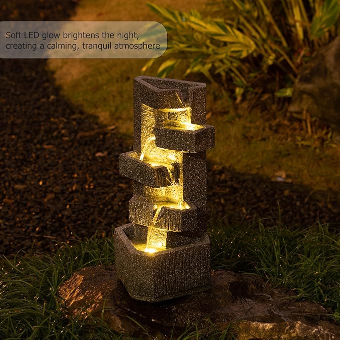 Gardenised Water Fountain with LED Light for Indoor and Outdoor Accent with Soothing Waterfall Sound Ideal for Home Office Patio Backyard Deck Porch Balcony and Tabletop Display, Modern Steps Flow