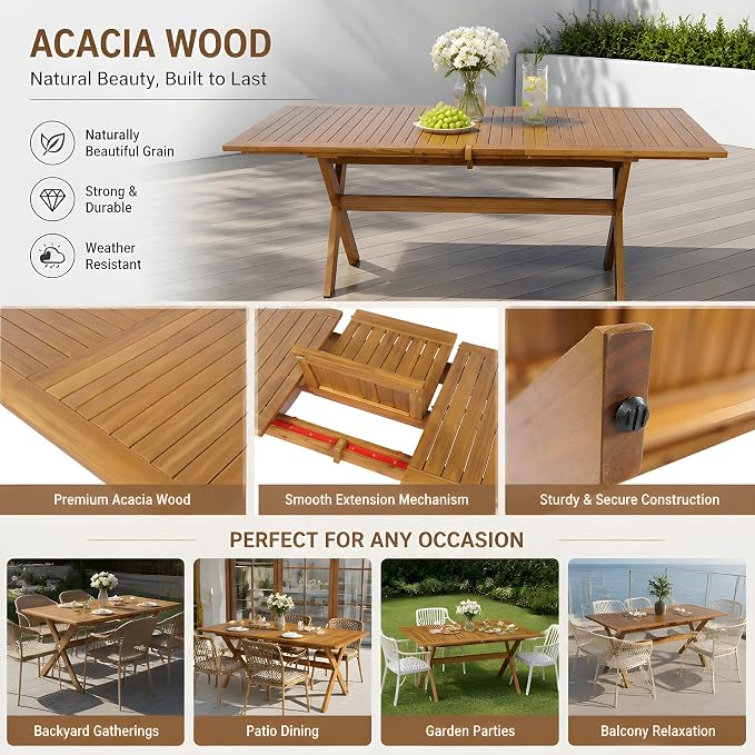 VilroCaz 7 Pieces Acacia Wood Outdoor Dining Set, All-Weather Extendable Table Large Table and 6 Armchairs for Lawn Backyard Garden Deck Poolside (Teak-)