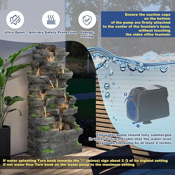 MAGIC UNION 10-Tier Cascading Rock Water Fountain, Outdoor Freestanding Fountains with LED Lights and Pump, Outdoor Garden Waterfall Decor for Patio, Yard and Deck Decor, Natural Stone Look (40" H)