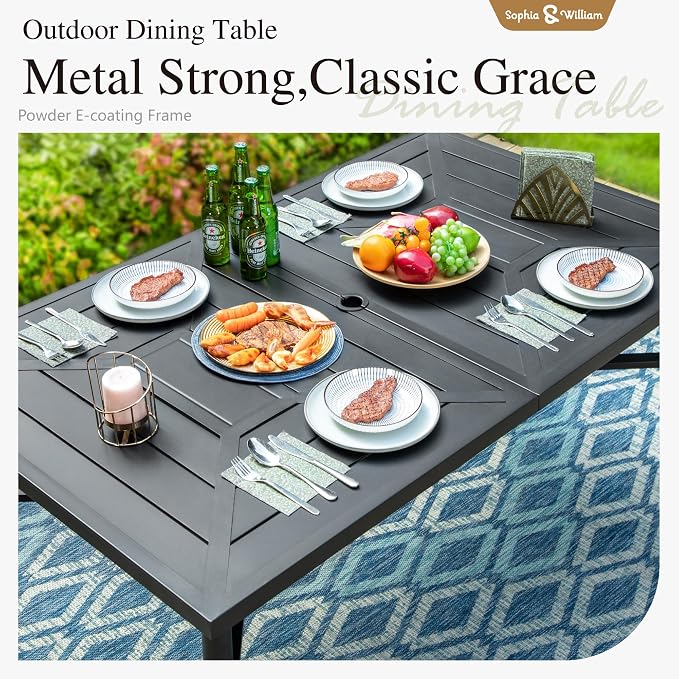 Sophia & William Patio Table and Chairs Set, Outdoor Dining Set for 6, 7 Piece Metal Patio Furniture, 64" Black Rectangular Table(Stripe)