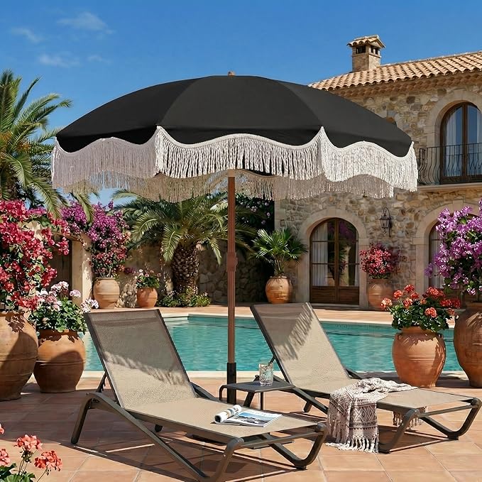 7ft Patio Umbrella with Fringe, Boho Beach Umbrellas, Outdoor Tassels Umbrellas with Push Button Tilt & Carrying Bag, 8 Windproof Fiberglass Ribs, UPF50+